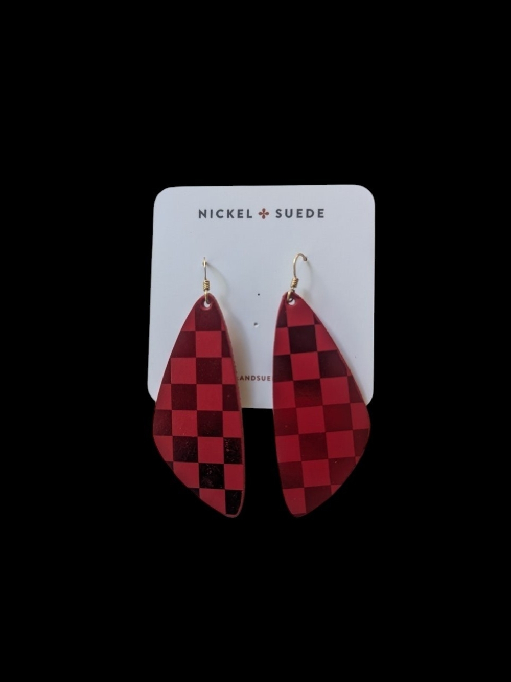 New Nickel & Suede Red Checkerboard Teardrop Earrings